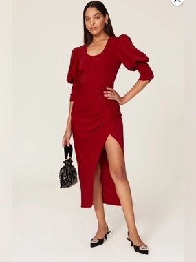 Self-Portrait Red Ruched Midi Dress Red Puff-Sleeve with Side Slit size US 4